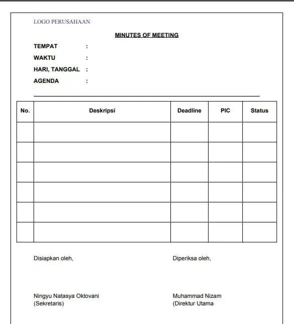 Contoh Format Minute of Meeting